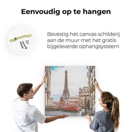 Canvas schilderij ophangen Eiffeltoren In Parijs Met Een Rode Kever Auto