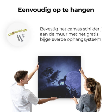 Canvas schilderij ophangen Huilende Wolf In Silhouet Bij Volle Maan