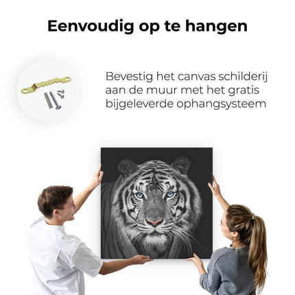 Canvas schilderij ophangen Tijgerkop Met Blauwe Ogen - Zwart Wit