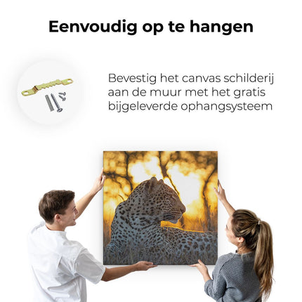 Canvas schilderij ophangen Luipaard Tijdens De Zonsondergang