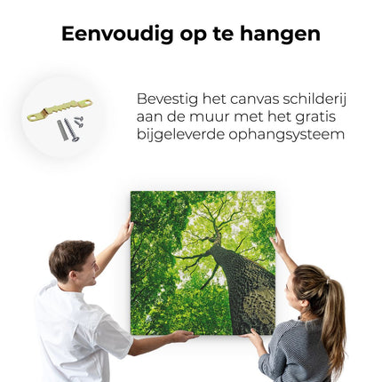 Canvas schilderij ophangen Boom In Het Bos Met Fel Groene Bladeren