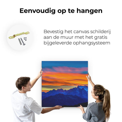 Canvas schilderij ophangen Oranje Zonsondergang In De Bergen