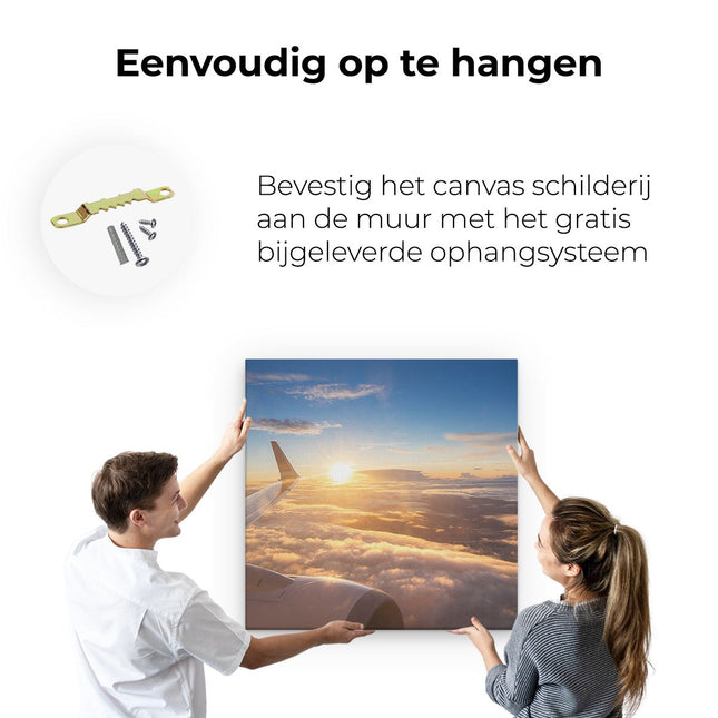 Canvas schilderij ophangen Vliegtuig In De Lucht Met De Zon
