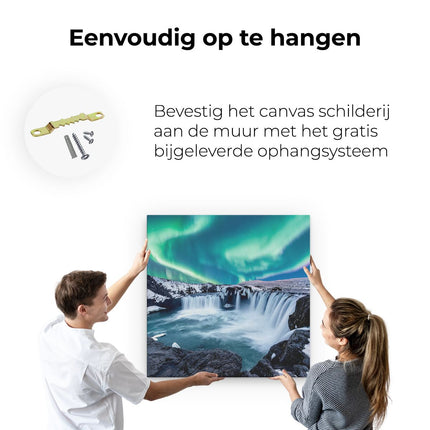 Canvas schilderij ophangen Watervallen Met Het Groene Noorderlicht