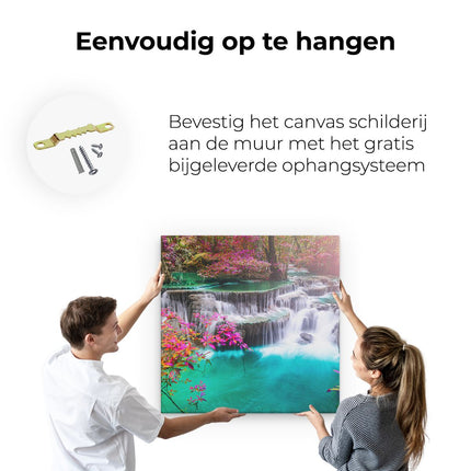 Canvas schilderij ophangen Waterval In De Herfst Met Kleurrijke Bloemen