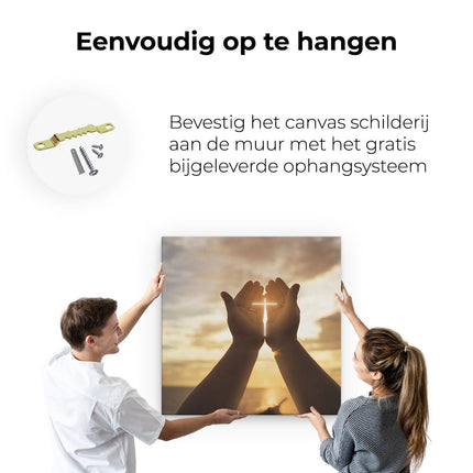 Canvas schilderij ophangen Christelijk Kruis in Handen