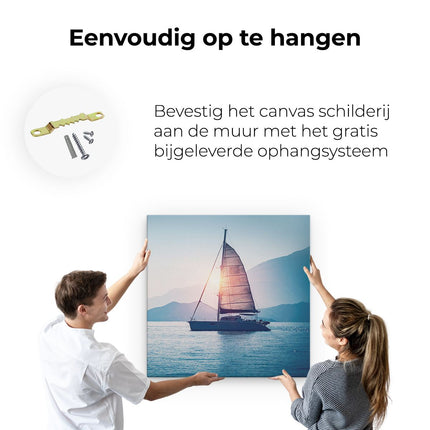 Canvas schilderij ophangen Zeilboot bij Zonsondergang