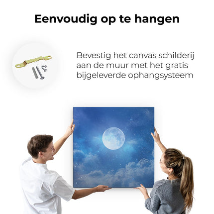 Canvas schilderij ophangen Volle Maan in de Blauwe Hemel met Sterren