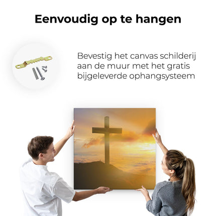 Canvas schilderij ophangen Kruis van Jezus Christus bij Zonsondergang