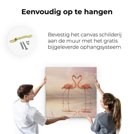 Canvas schilderij ophangen Twee Flamingo's in een Hartjes Vorm 
