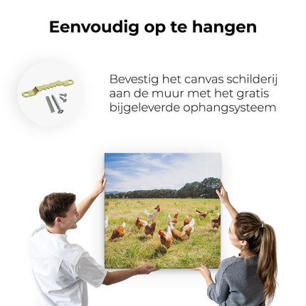 Canvas schilderij ophangen Kippen in het Gras