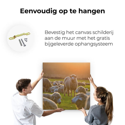 Canvas schilderij ophangen Kudde Schapen bij Zonsondergang