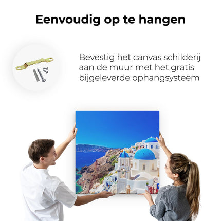 Canvas schilderij ophangen Blauwe Huizen met Koepels in Griekenland