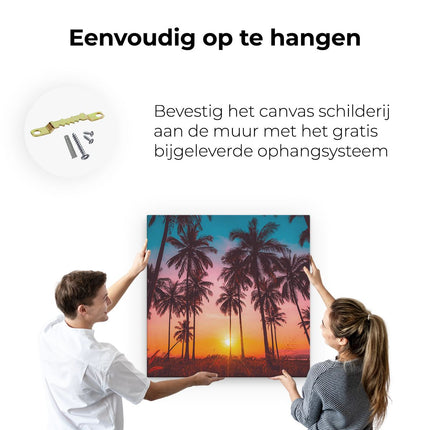 Canvas schilderij ophangen Palmbomen op het Strand bij Zonsondergang