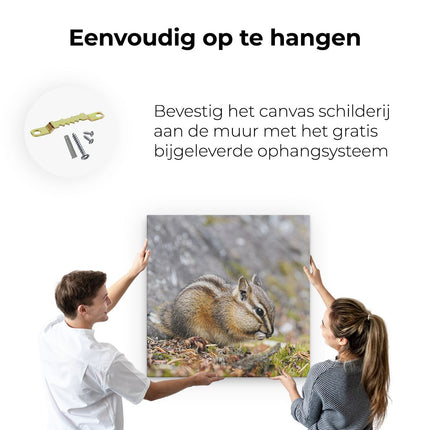 Canvas schilderij ophangen Eekhoorn op het Gras tussen de Bladeren