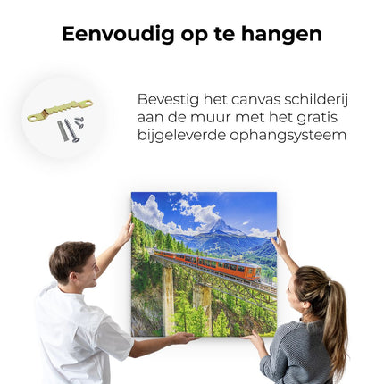 Canvas schilderij ophangen Trein op een Brug bij een Waterval in Zwitserland