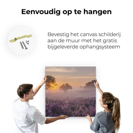 Canvas schilderij ophangen Weide in de Veluwe bij Zonsondergang