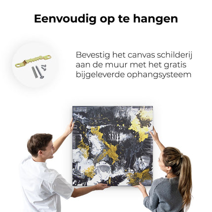 Canvas schilderij ophangen Abstracte Kunst met Zwart, Wit en Goud