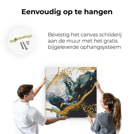 Canvas schilderij ophangen Abstracte Kunst - Zwart Wit met Gouden Strepen