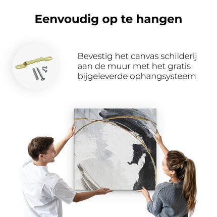 Canvas schilderij ophangen Abstracte Kunst - Wit met Zwart en Goud