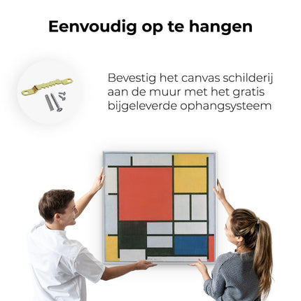 Canvas schilderij ophangen Compositie met Groot Rood Vlak, Geel, Zwart, Grijs en Blauw - Piet Mondriaan