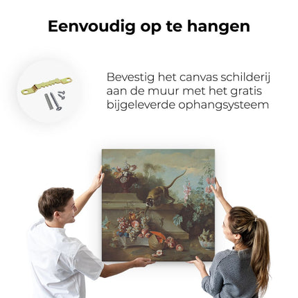 Canvas schilderij ophangen Stilleven met Aap, Fruit en Bloemen - Jean-Baptiste Oudry