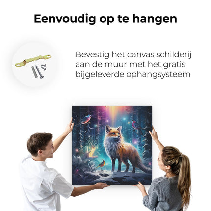 Canvas schilderij ophangen Wolf met Vogels in het Magische Bos