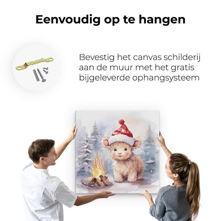 Canvas schilderij ophangen Baby Schotse Hooglander Koe bij een Vuurtje