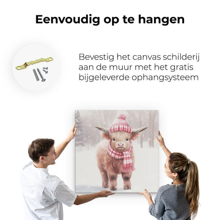 Canvas schilderij ophangen Baby Schotse Hooglander in de Winter