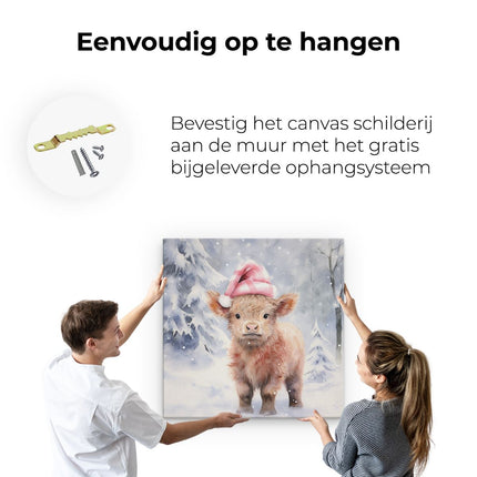 Canvas schilderij ophangen Baby Schotse Hooglander in de Winter