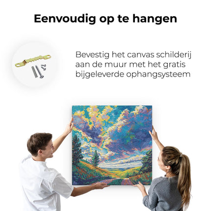 Canvas schilderij ophangen Kleurrijk Kunstwerk van een Onverharde Weg onder een Bewolkte Hemel