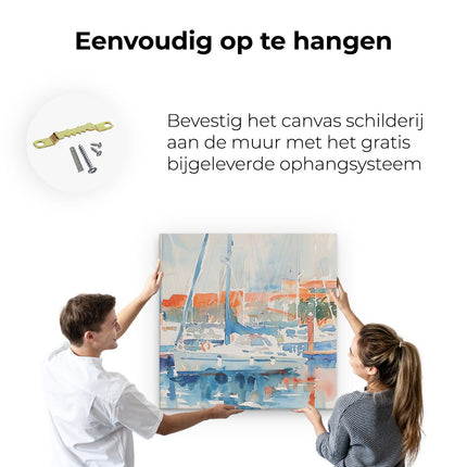 Canvas schilderij ophangen Aquarelkunstwerk van Zeilboten Aangemeerd in een Haven