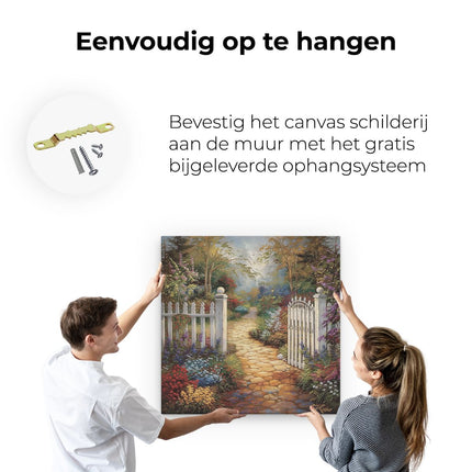 Canvas schilderij ophangen Kunstwerk van een Witte Poort in een Tuin