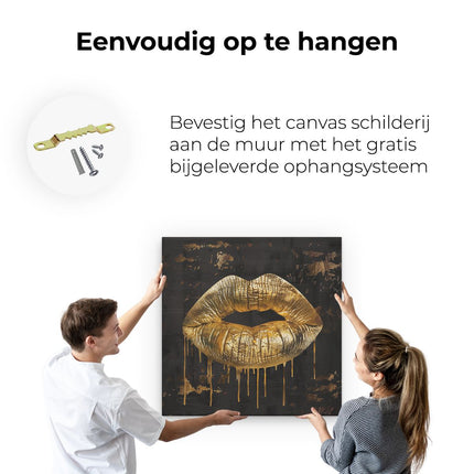 Canvas schilderij ophangen Gouden Lippen op een Zwarte Achtergrond