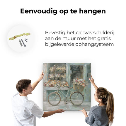 Canvas schilderij ophangen Kunstwerk van een Fiets voor een Bloemenwinkel