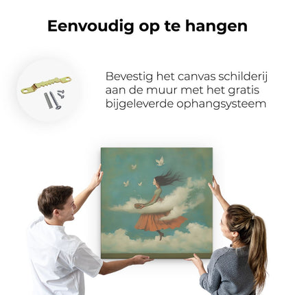 Canvas schilderij ophangen Meisje in een Oranje Jurk die in de Wolken Vliegt