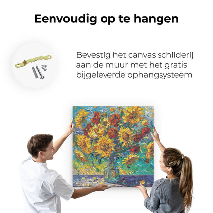 Canvas schilderij ophangen Kunstwerk van Zonnebloemen in een Vaas