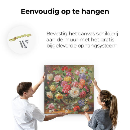 Canvas schilderij ophangen Kunstwerk van Rozen in een Glazen Vaas