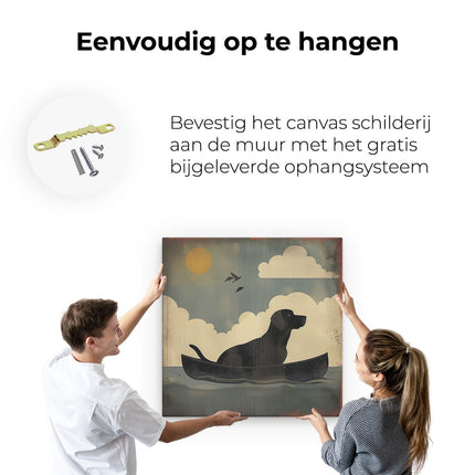 Canvas schilderij ophangen Hond in een Kano