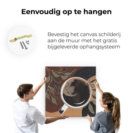 Canvas schilderij ophangen Kopje Koffie met Bladeren