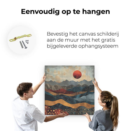 Canvas schilderij ophangen Abstract Kunstwerk van Bergen en een Zon