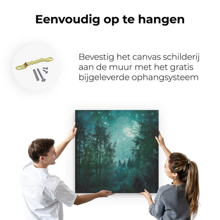 Canvas schilderij ophangen Afbeelding van een Bos met een Volle Maan en Sterren