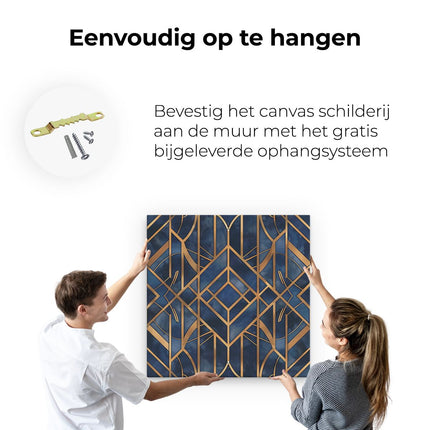 Canvas schilderij ophangen Art Decopatroon in Blauw en Goud