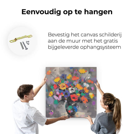 Canvas schilderij ophangen Kunstwerk van Kleurrijke Bloemen in een Vaas