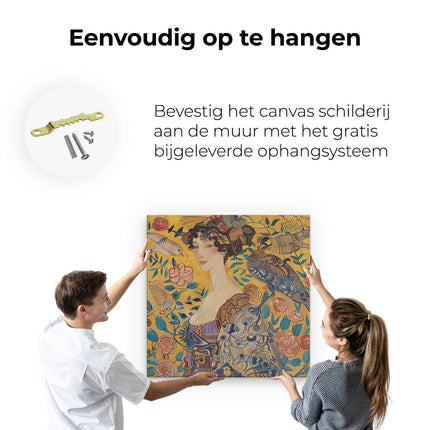 Canvas schilderij ophangen Kunstwerk van een Vrouw met Vogels en Pauwen