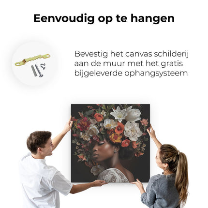 Canvas schilderij ophangen Zwarte Vrouw met Bloemen op haar Hoofd