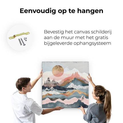 Canvas schilderij ophangen Bergketen met een Zon op de Achtergrond