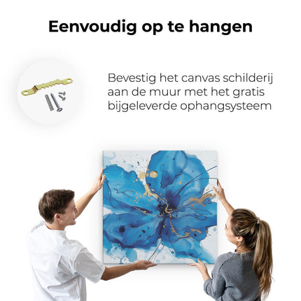 Canvas schilderij ophangen Blauwe Bloem met Gouden Spetters