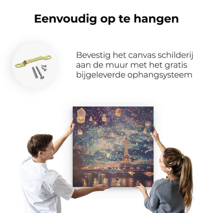 Canvas schilderij ophangen Lantaarns Vliegen over de Eiffeltoren in Parijs