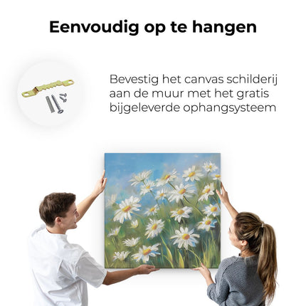 Canvas schilderij ophangen Witte Madeliefjes in een Veld